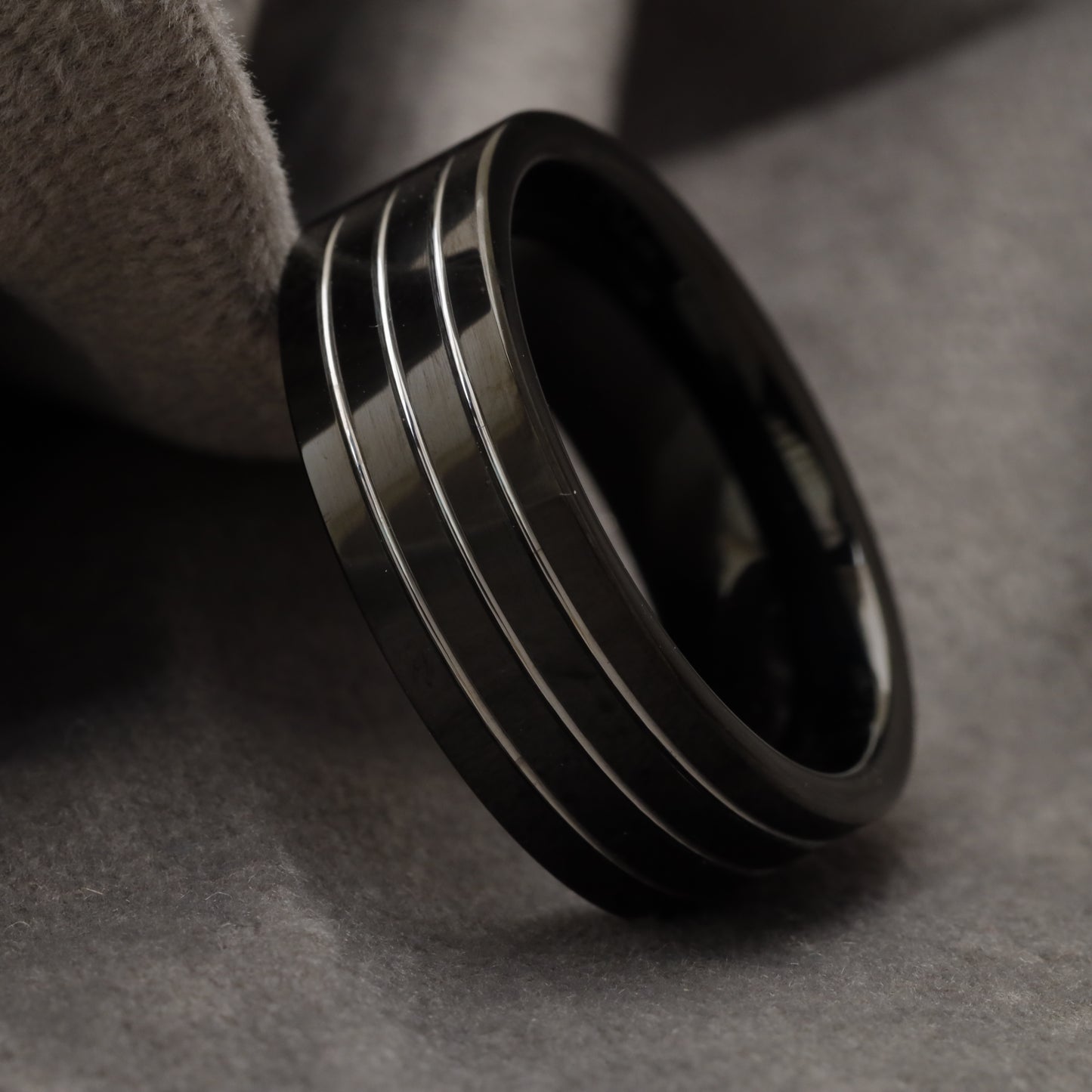 Glossy Black Tungsten Ring with Triple Silver Grooves  U10
