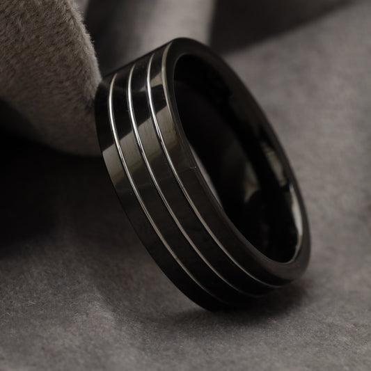 Glossy Black Tungsten Ring with Triple Silver Grooves  U10