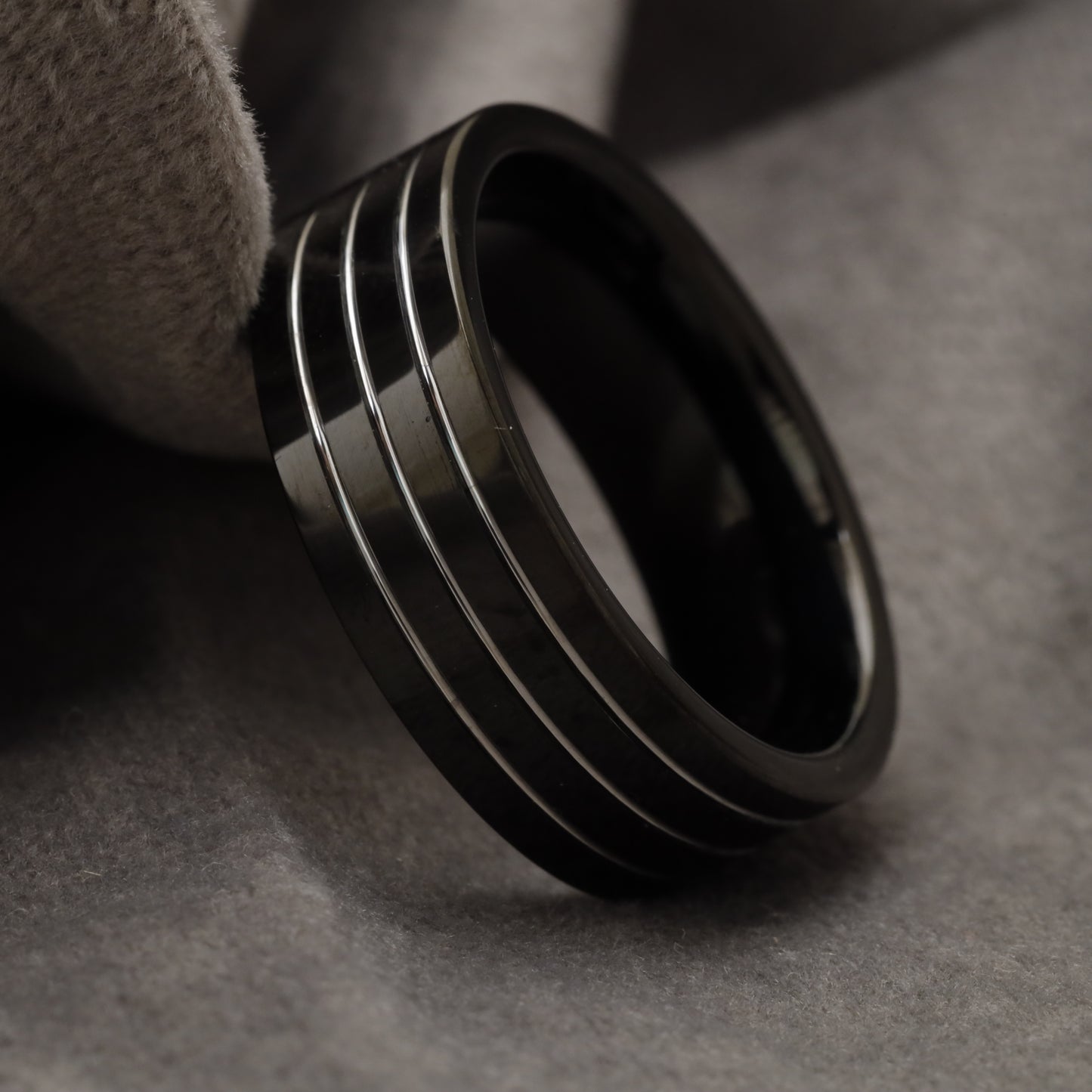 Glossy Black Tungsten Ring with Triple Silver Grooves  U10