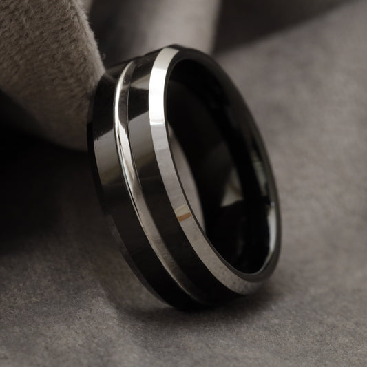 Glossy Black Tungsten Ring with Wide Silver Inlay U11
