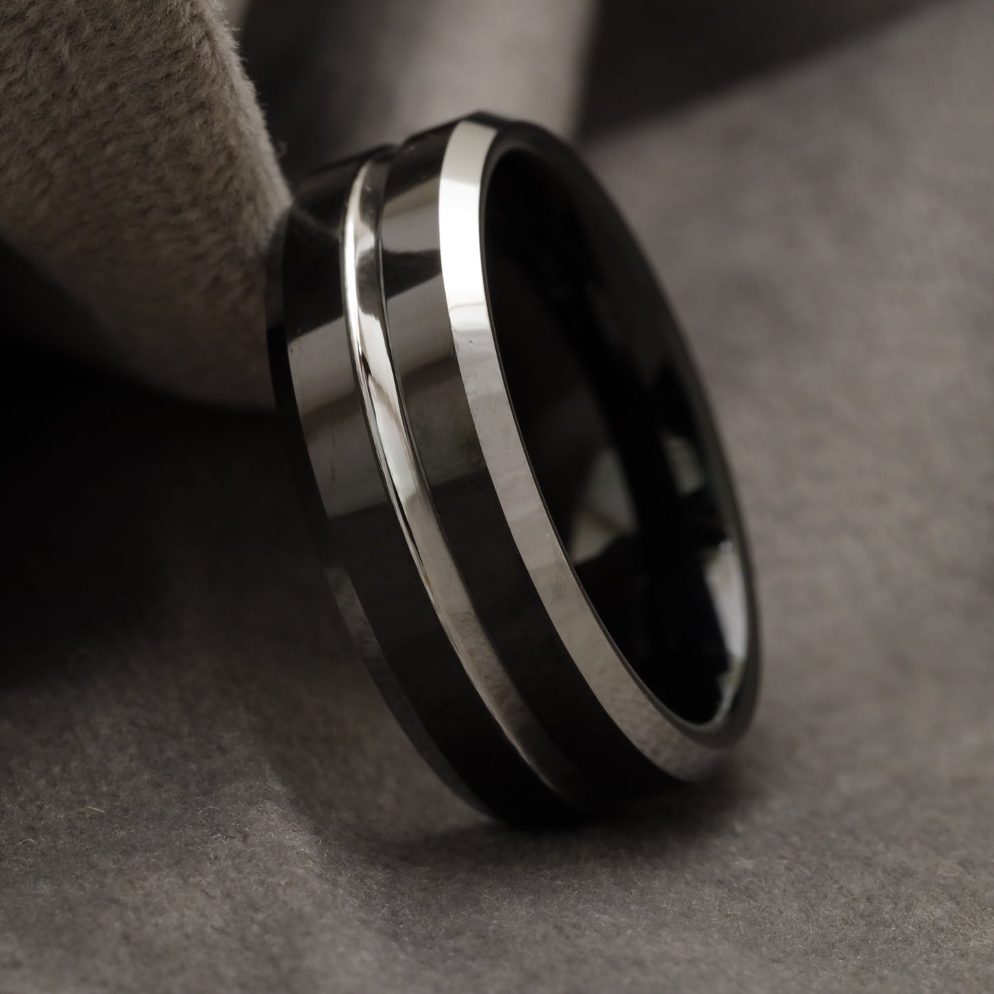 Glossy Black Tungsten Ring with Wide Silver Inlay U11