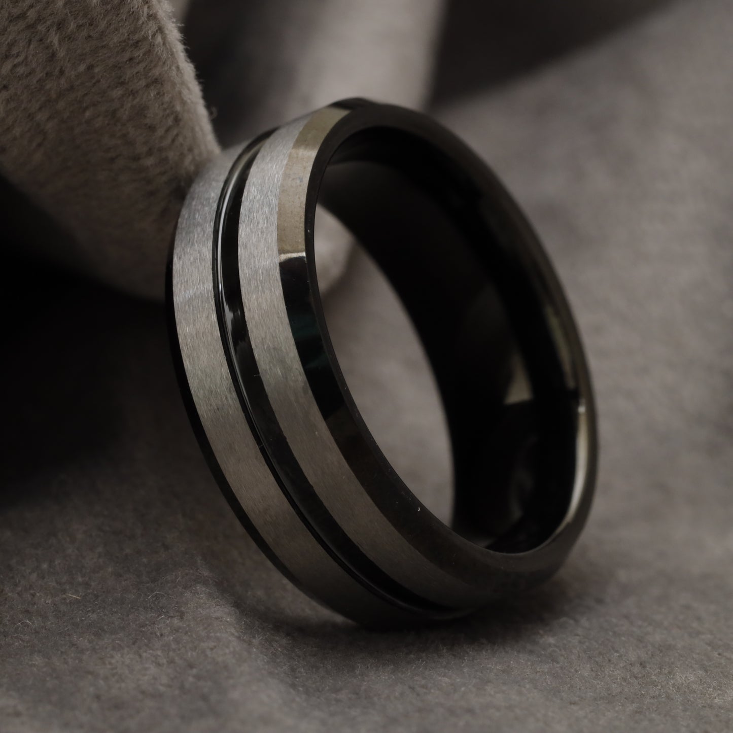 Black & Brushed Silver Dual-Texture Tungsten Ring with Double Black Grooves  U13