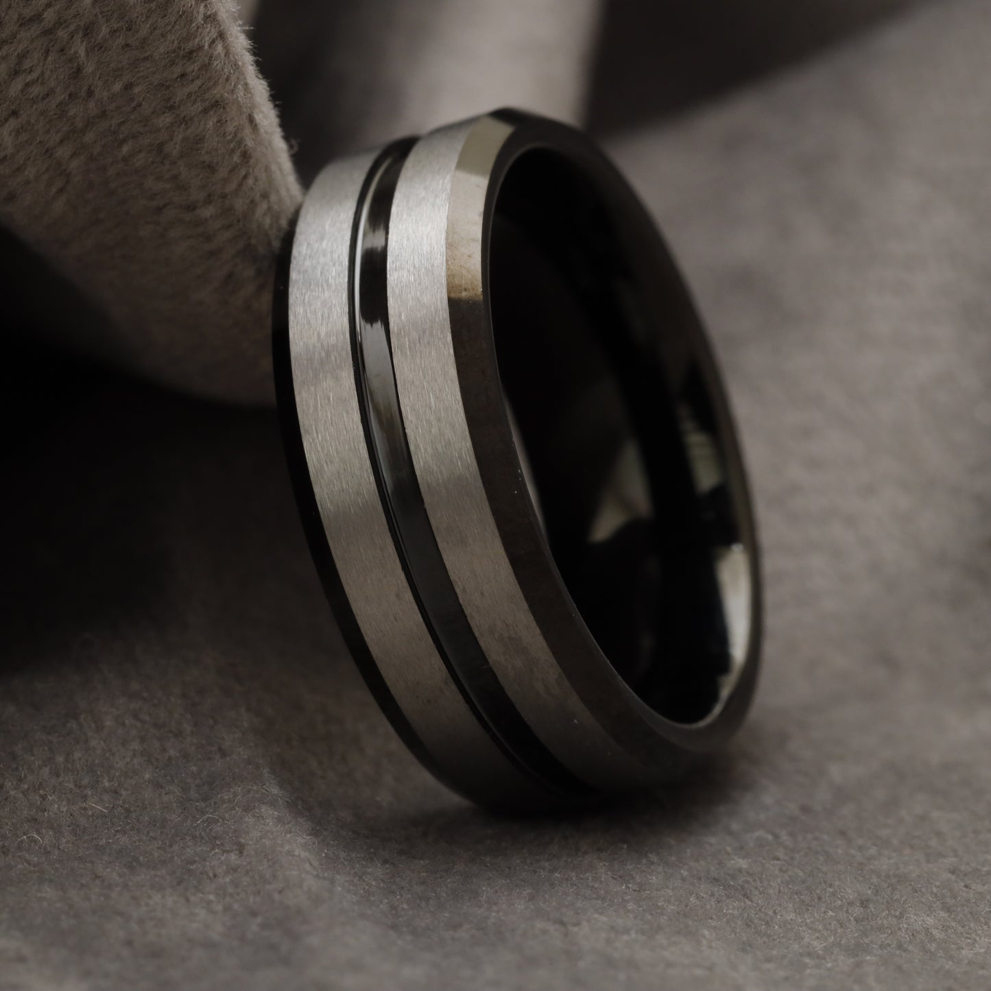 Black & Brushed Silver Dual-Texture Tungsten Ring with Double Black Grooves  U13