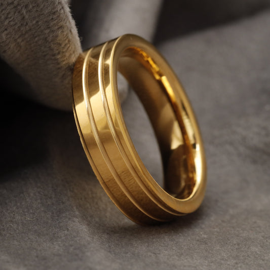 Polished Gold Tungsten Ring with Double Engraved Grooves U15