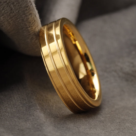 Polished Gold Tungsten Ring with Double Engraved Grooves U15