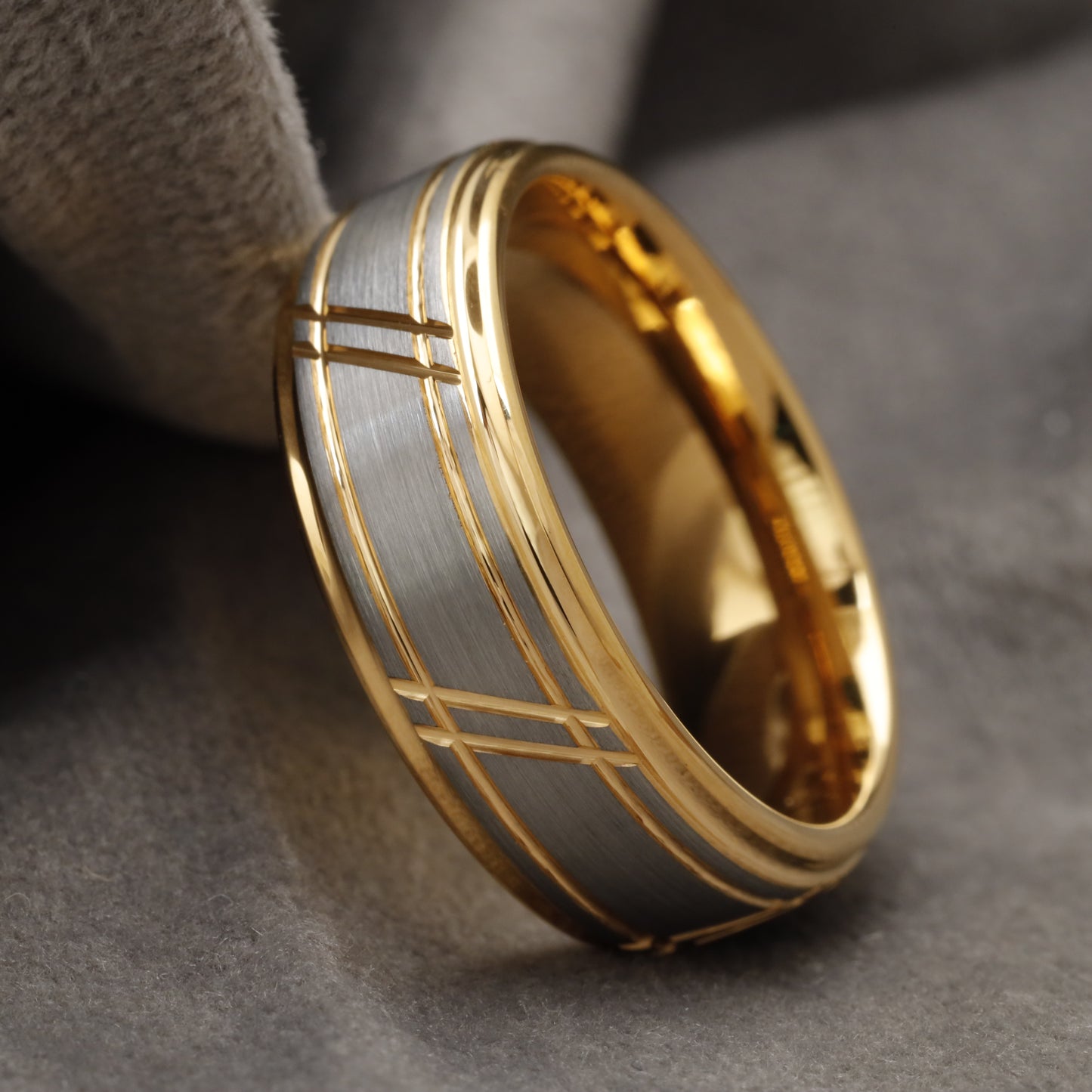 Gold & Brushed Silver Tungsten Ring with Engraved Gold Grid Pattern U17