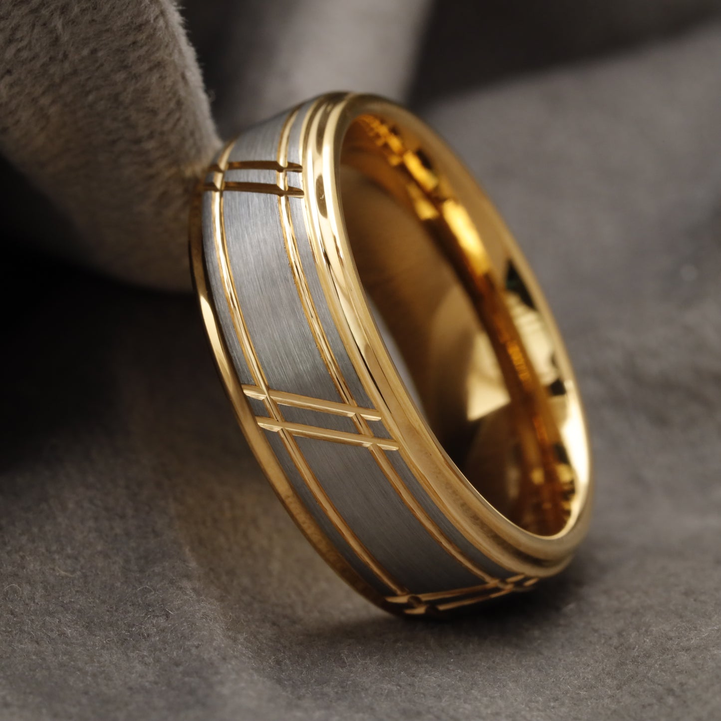 Gold & Brushed Silver Tungsten Ring with Engraved Gold Grid Pattern U17