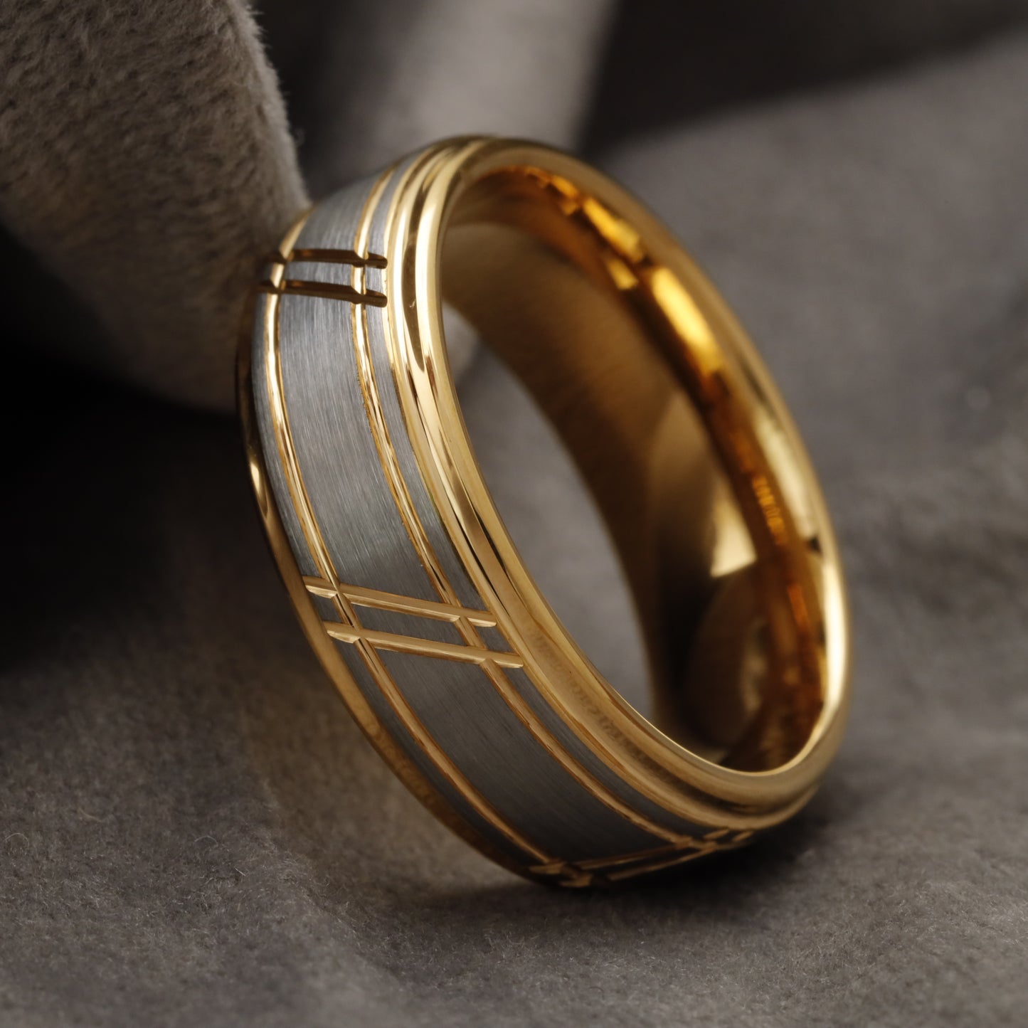 Gold & Brushed Silver Tungsten Ring with Engraved Gold Grid Pattern U17