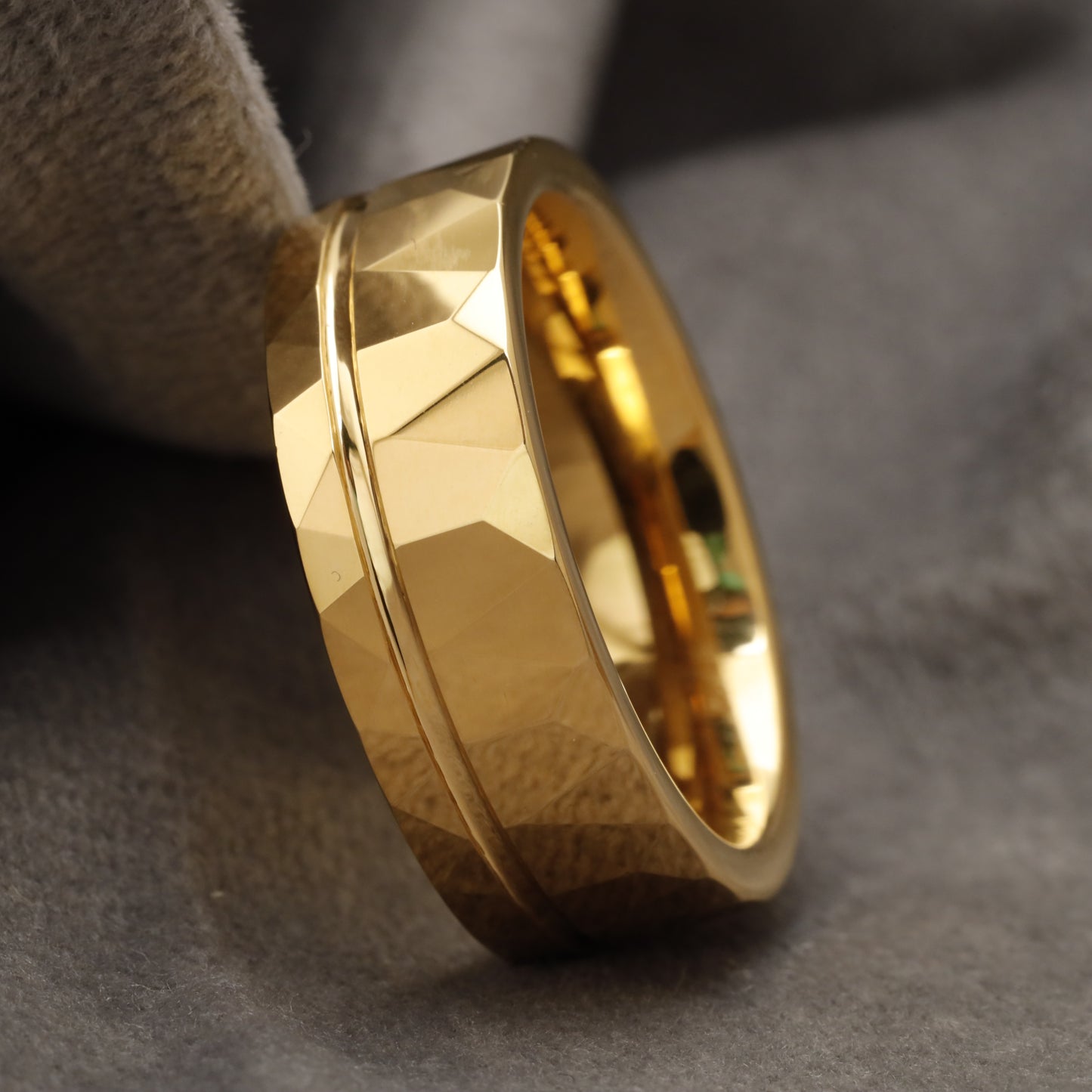 Gold Multi-Faceted Tungsten Ring with Diamond-Cut Surface & Stepped Edge  U19
