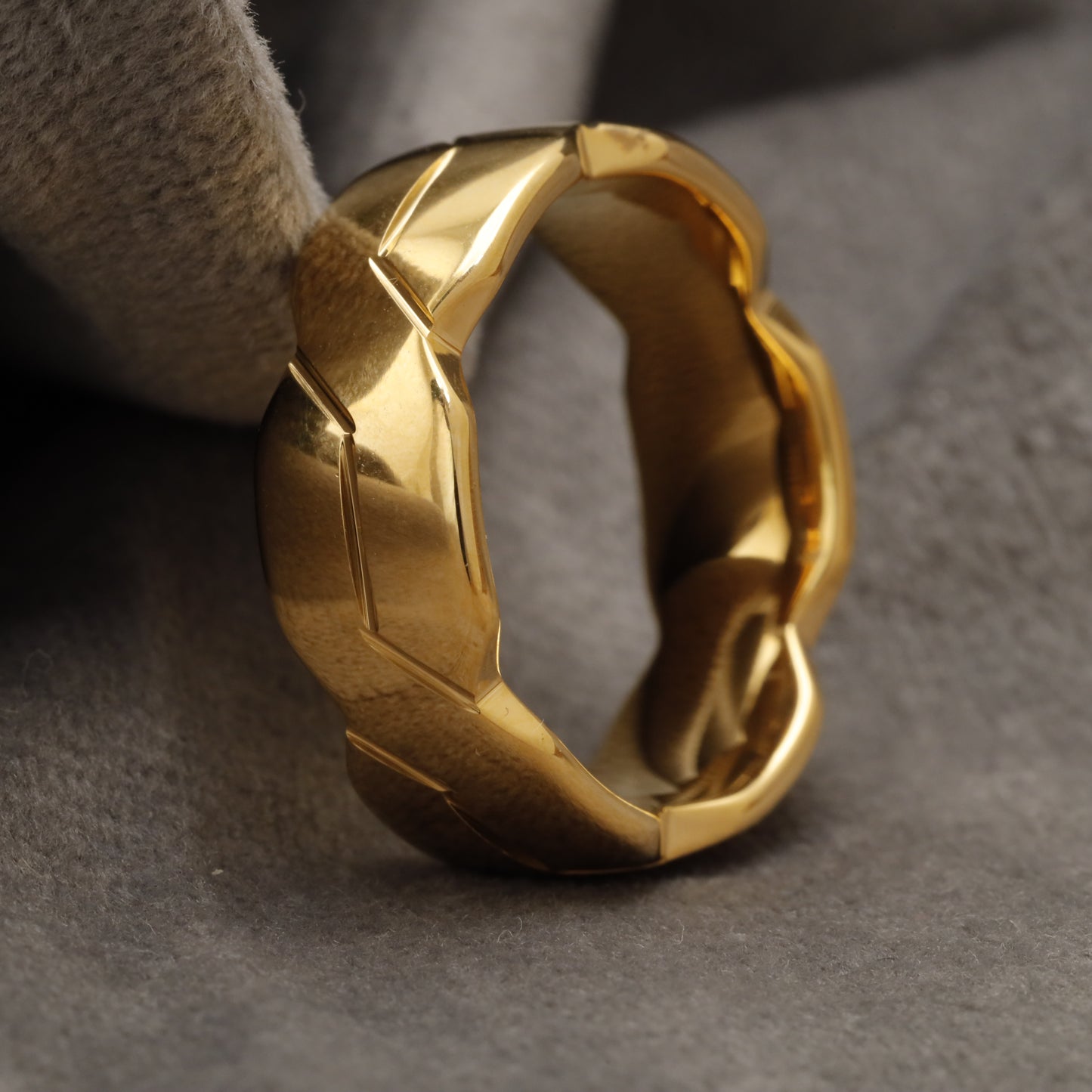 Gold 3D Geometric Faceted Tungsten Ring with Polished Polygonal Surface U21