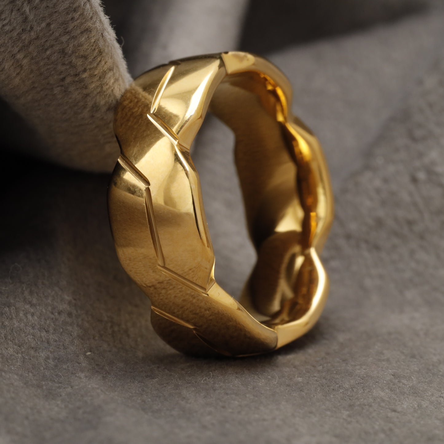 Gold 3D Geometric Faceted Tungsten Ring with Polished Polygonal Surface U21