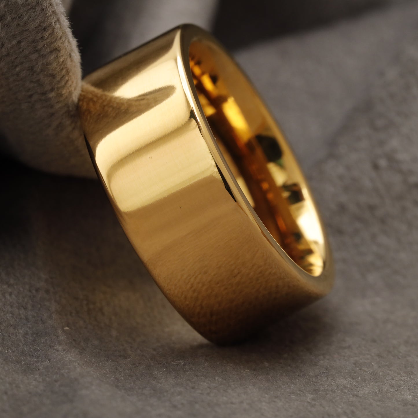 Mirror-Polished Gold Tungsten Ring with Wide Flat Band & Beveled Edges  U22