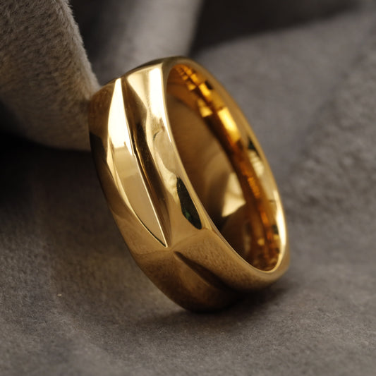 Gold Domed Tungsten Ring with Triple Diagonal Engraved Grooves  U23