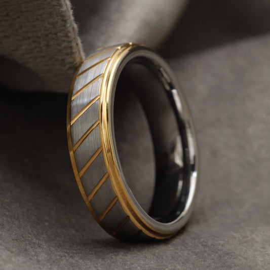 Two-Tone Silver & Gold Tungsten Ring with Brushed Silver Center and Diagonal Gold Engraved Lines U24