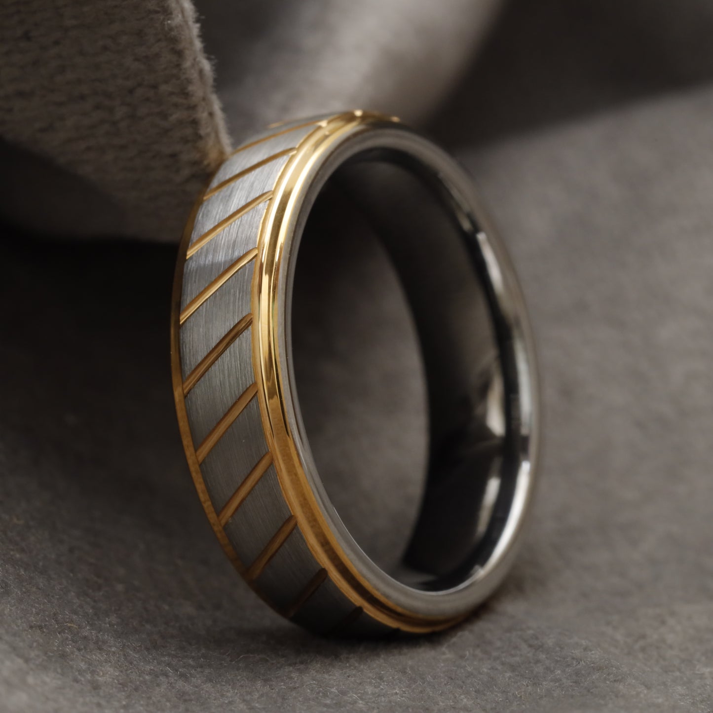 Two-Tone Silver & Gold Tungsten Ring with Brushed Silver Center and Diagonal Gold Engraved Lines U24
