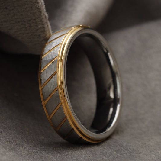 Two-Tone Silver & Gold Tungsten Ring with Brushed Silver Center and Diagonal Gold Engraved Lines U24