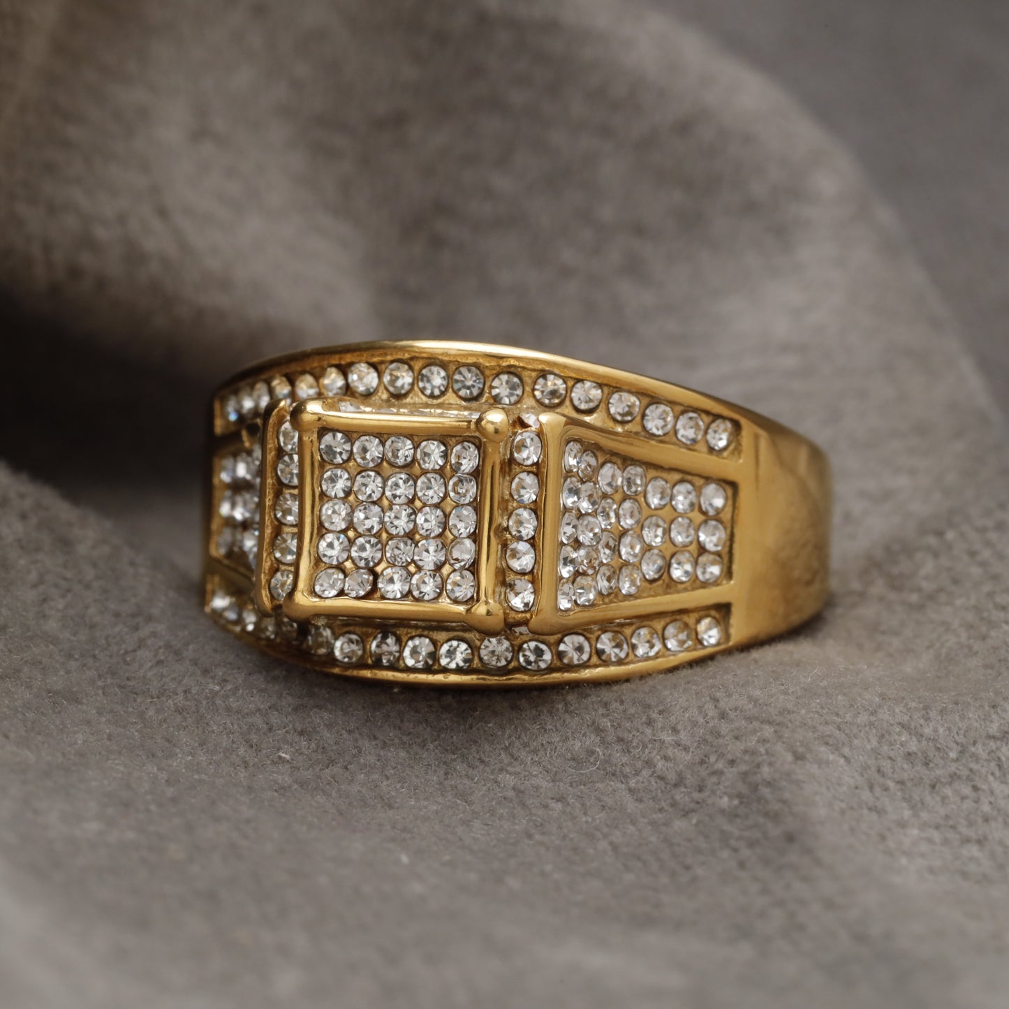 Gold Iced Out Stainless Steel Ring with Double Square Crystal Pavé & Full Crystal Border R44