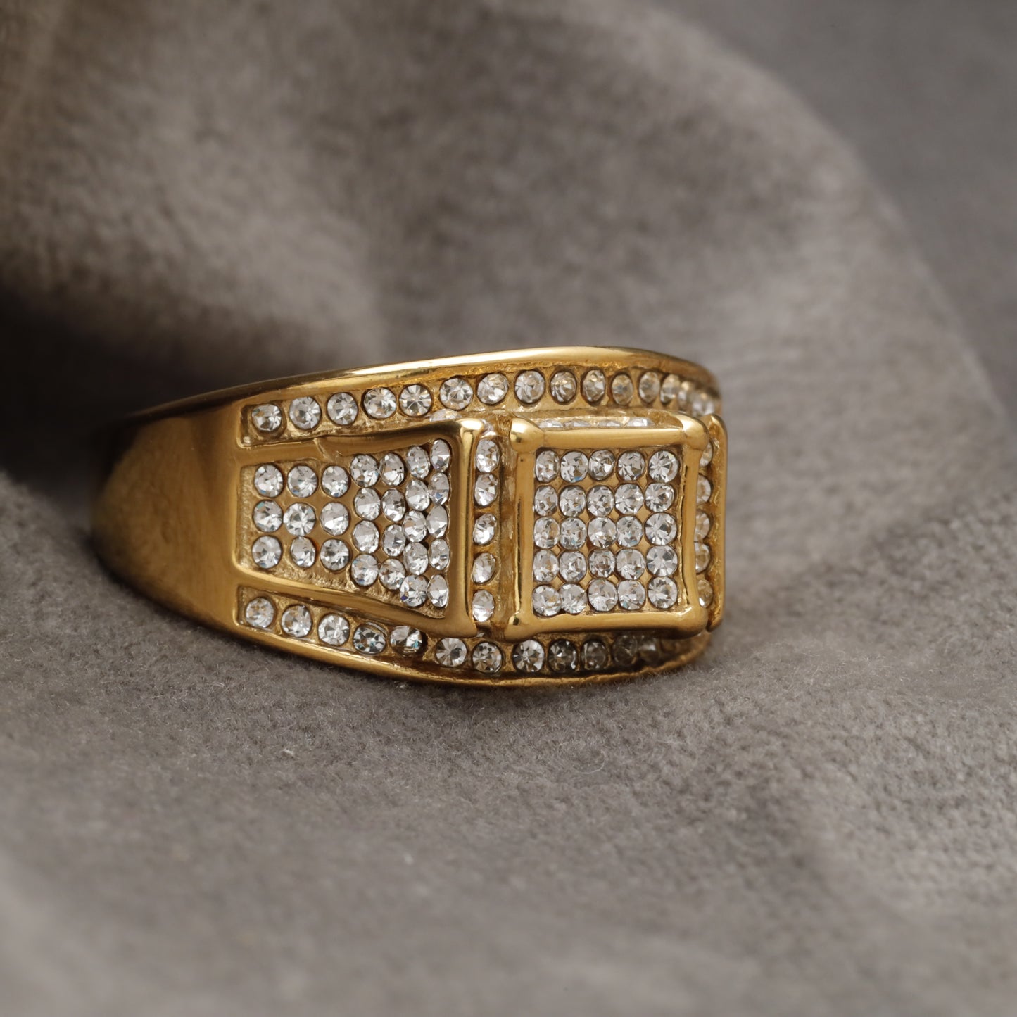 Gold Iced Out Stainless Steel Ring with Double Square Crystal Pavé & Full Crystal Border R44