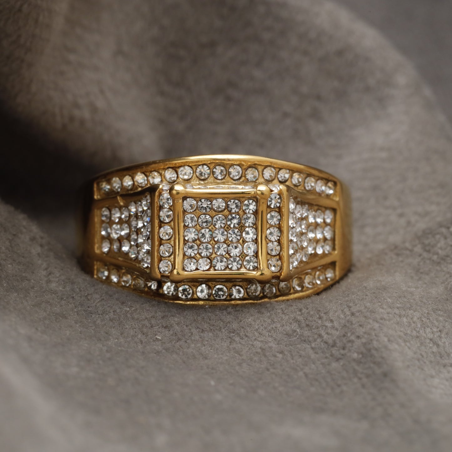 Gold Iced Out Stainless Steel Ring with Double Square Crystal Pavé & Full Crystal Border R44