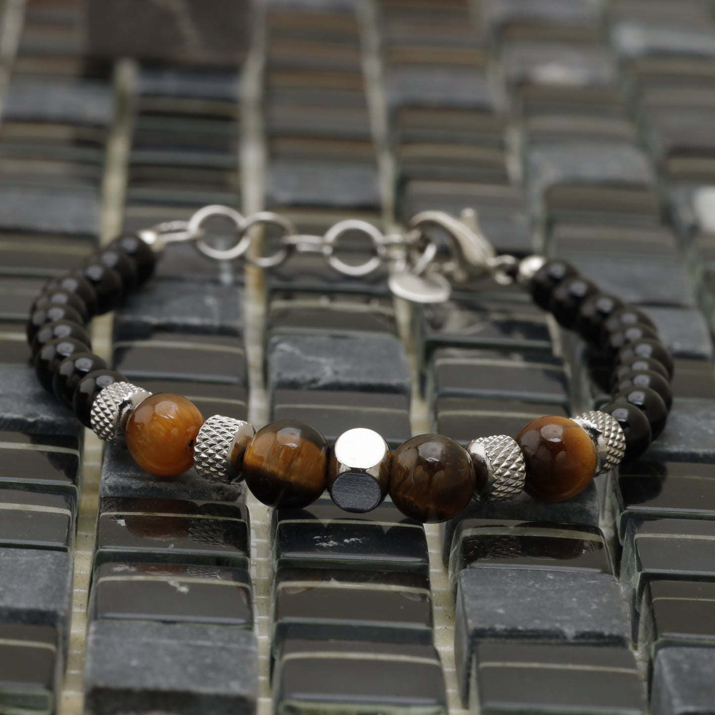Black Onyx & Tiger Eye Stainless Steel Bracelet B4