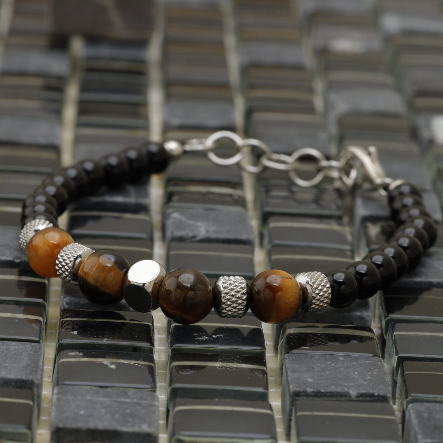 Black Onyx & Tiger Eye Stainless Steel Bracelet B4