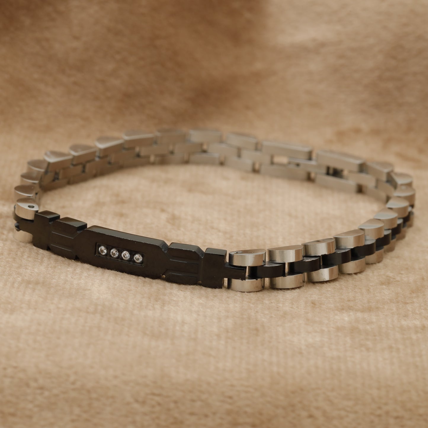 Two-Tone Black & Silver Stainless Steel Link Bracelet with Crystal Stones B6
