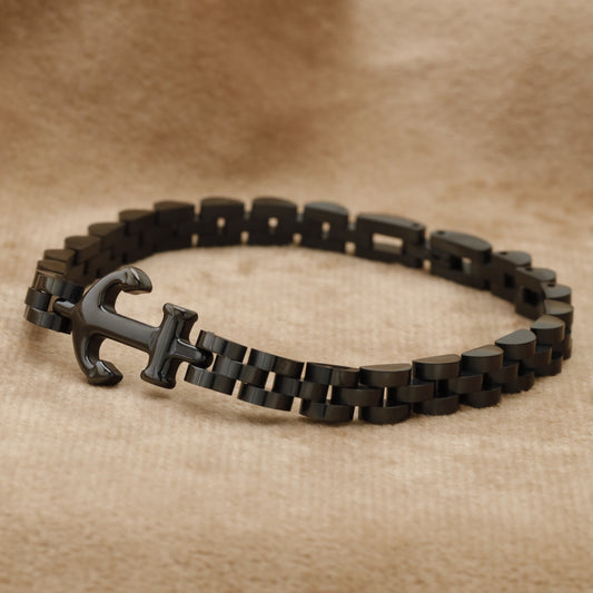 Matte Black Stainless Steel Watch Style Link Bracelet with Anchor B8