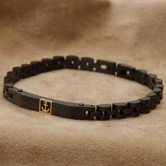 Matte Black Stainless Steel Link Bracelet with Gold Anchor Charm B10