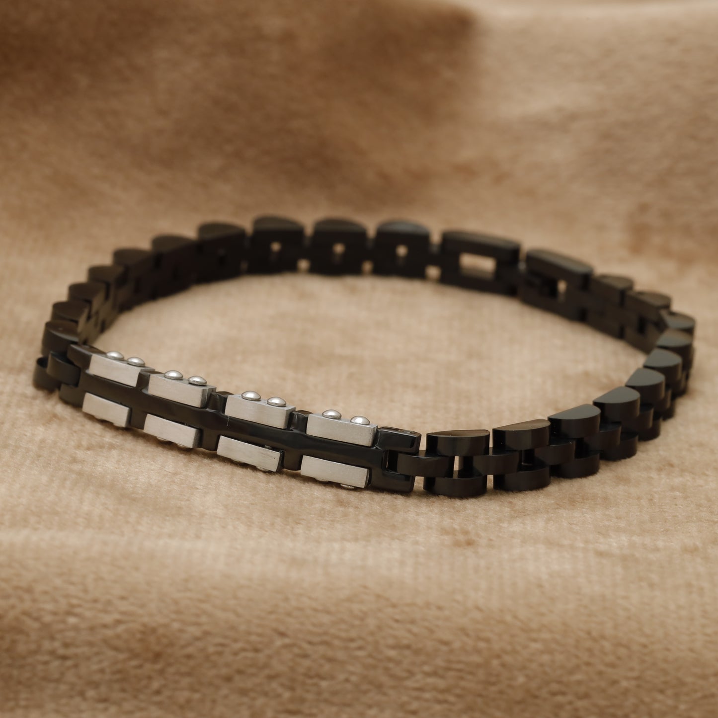 Two-Tone Black & Silver Stainless Steel Watch-Style Link Bracelet with Silver Studs B11