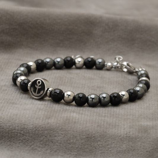 Black Onyx & Hematite Natural Stone Beaded Bracelet with Anchor Charm B19