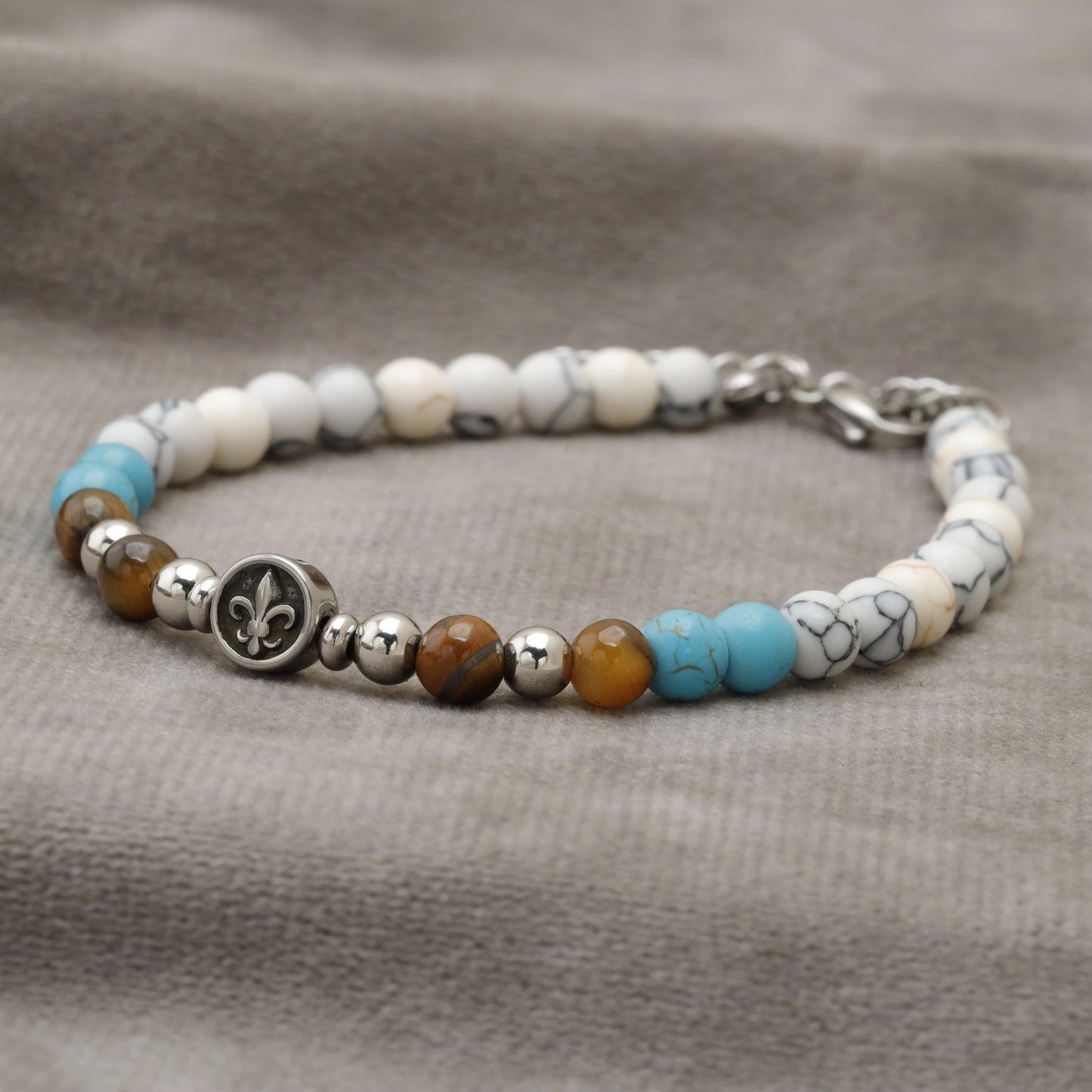 Natural Stone Beaded Bracelet Turquoise Agate Tiger Eye Hematite with Fleur-de-Lis Charm B17