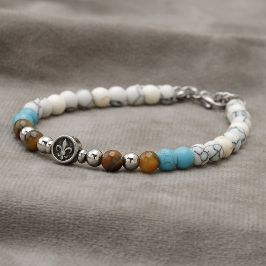 Natural Stone Beaded Bracelet Turquoise Agate Tiger Eye Hematite with Fleur-de-Lis Charm B17