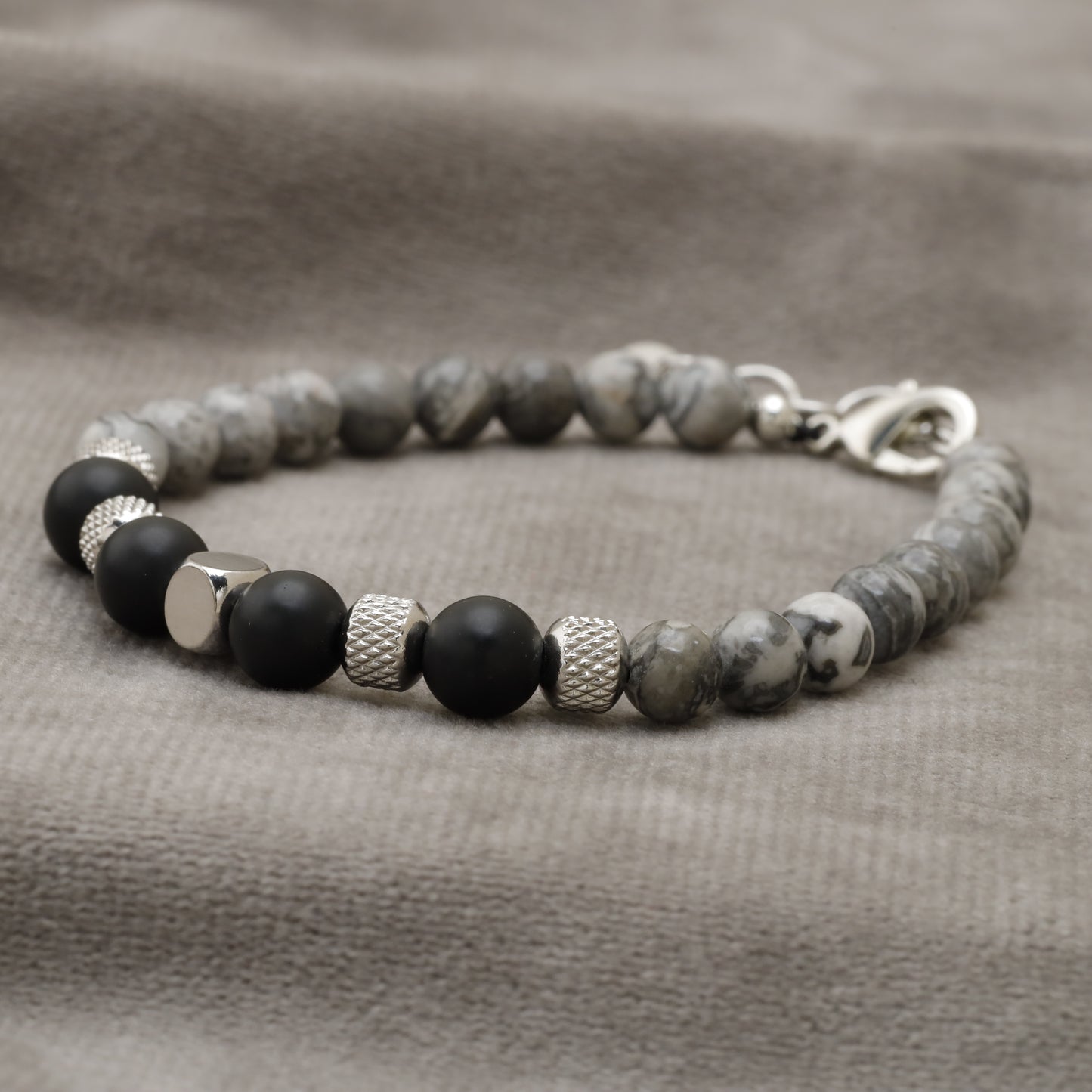 Natural Stone Beaded Bracelet Grey Agate & Black Onyx with Silver Accents B18