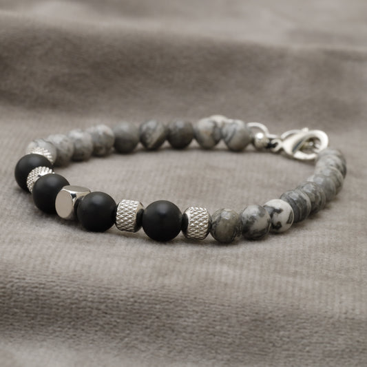 Natural Stone Beaded Bracelet Grey Agate & Black Onyx with Silver Accents B18