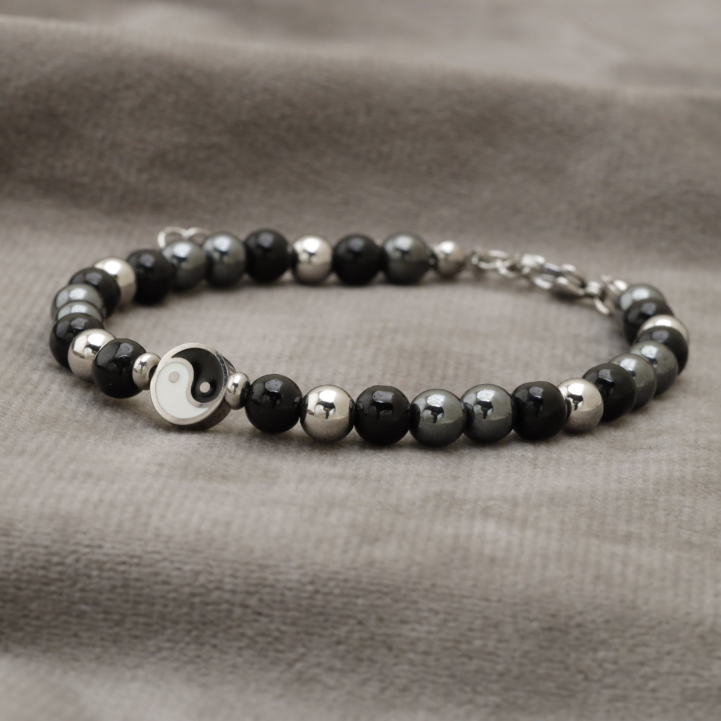 Black Onyx & Hematite Natural Stone Beaded Bracelet with Yin Yang Charm B20