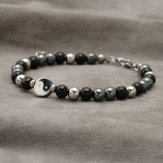 Black Onyx & Hematite Natural Stone Beaded Bracelet with Yin Yang Charm B20