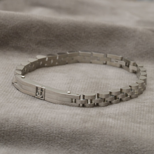 Silver Stainless Steel Watch-Style Link Bracelet with Engraved Anchor Charm B13