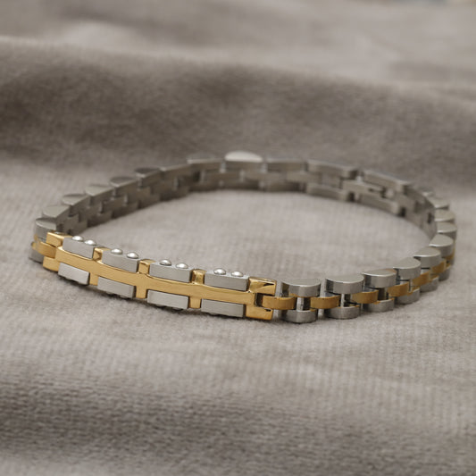 Two-Tone Silver & Gold Stainless Steel Watch Style Link Bracelet with Silver Studs B15