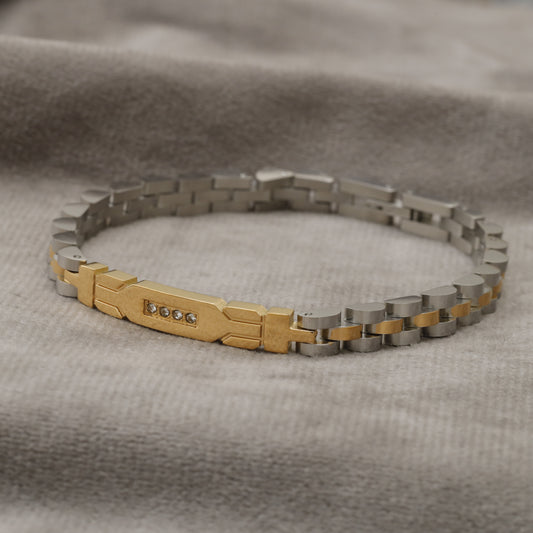 Two-Tone Silver & Gold Stainless Steel Watch Style Link Bracelet with Crystal Stones B16