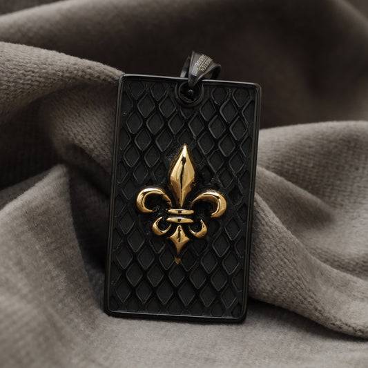 Gold Fleur-de-Lis Black Dog Tag Pendant Stainless Steel X3