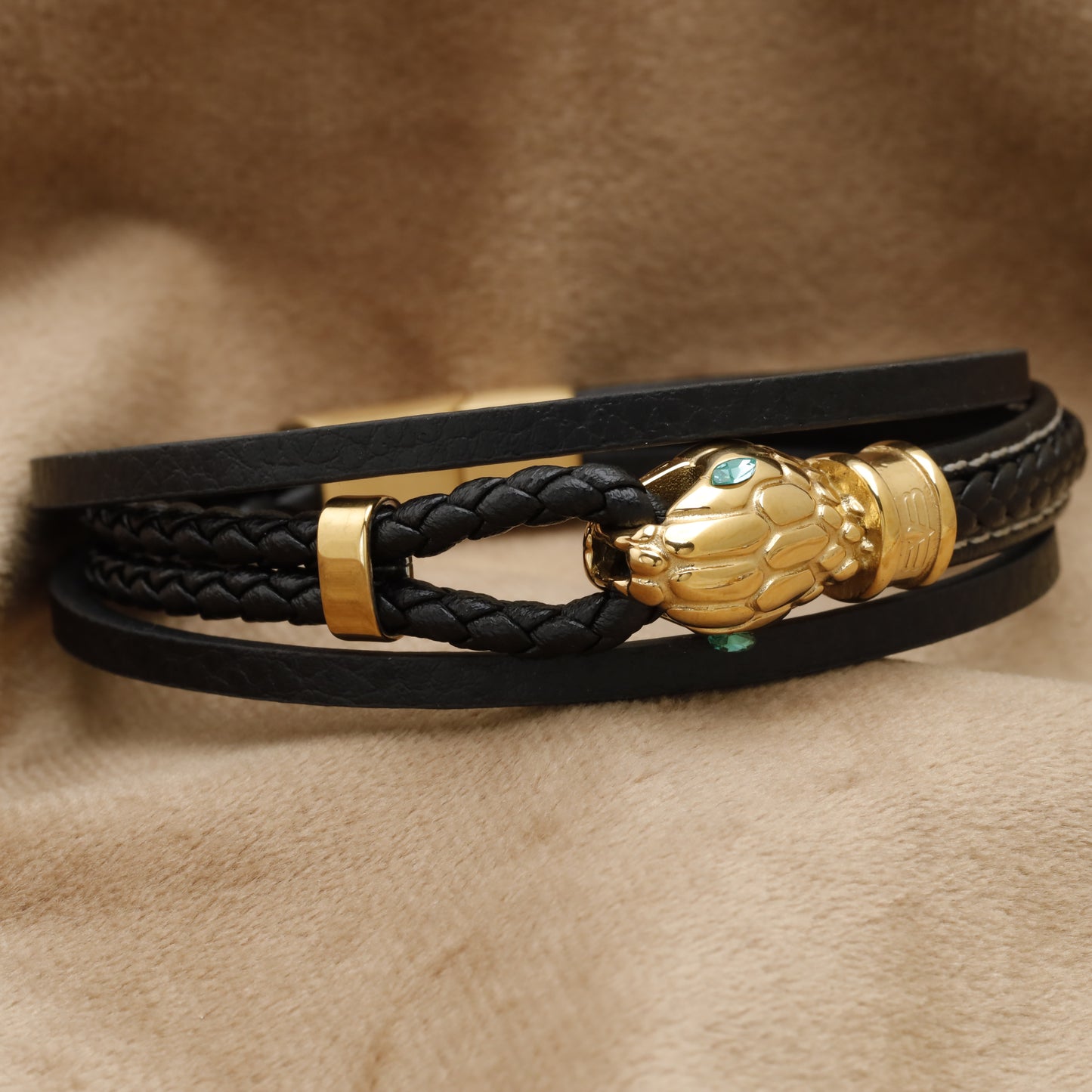 Gold Panther Head Multi-Layer Black Leather Bracelet B53
