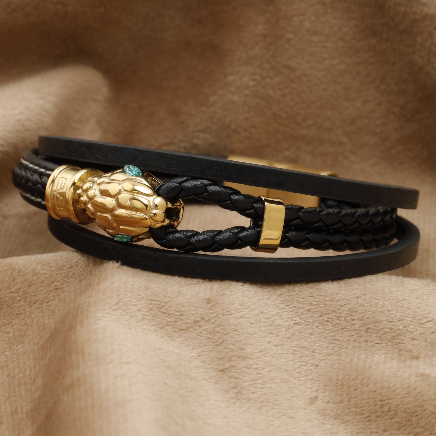 Gold Panther Head Multi-Layer Black Leather Bracelet B53