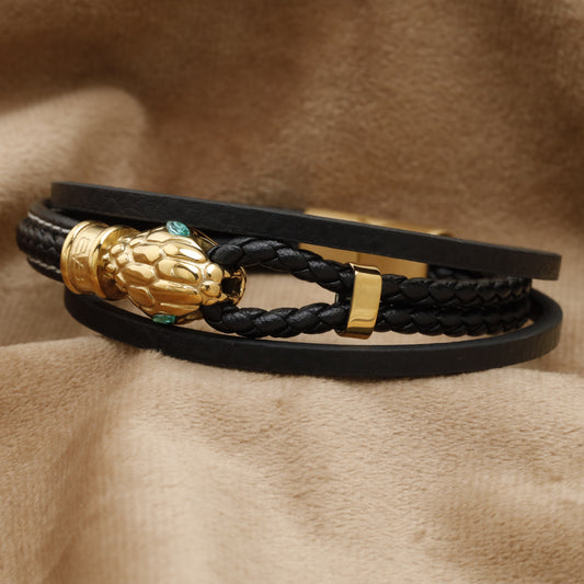 Gold Panther Head Multi-Layer Black Leather Bracelet B53
