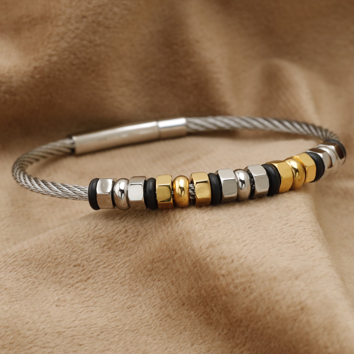 Steel Cable Bracelet with Gold & Silver Beads B51
