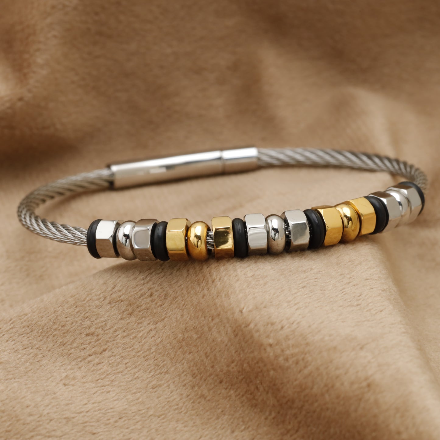 Steel Cable Bracelet with Gold & Silver Beads B51