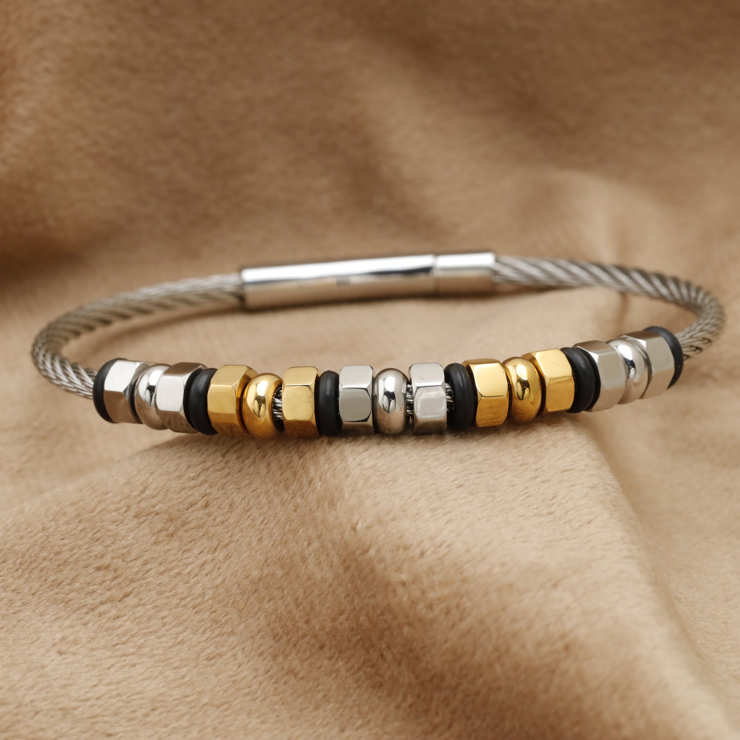 Steel Cable Bracelet with Gold & Silver Beads B51