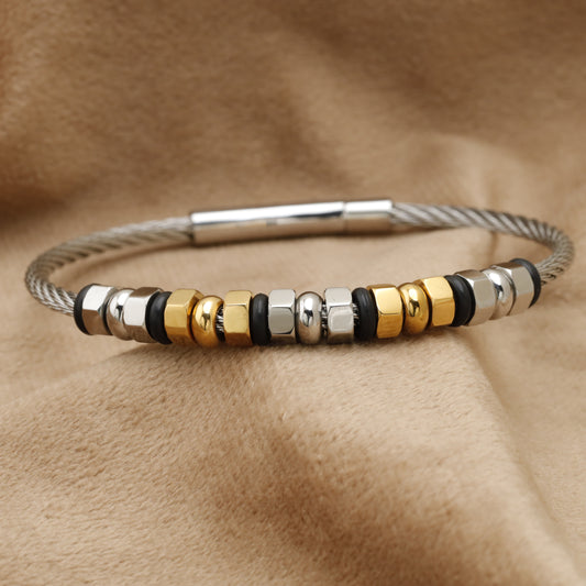Steel Cable Bracelet with Gold & Silver Beads B51