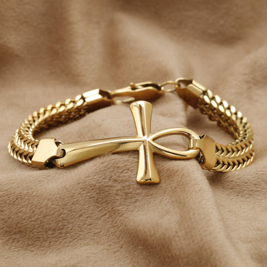 Gold Ankh Cross Chain Bracelet B21