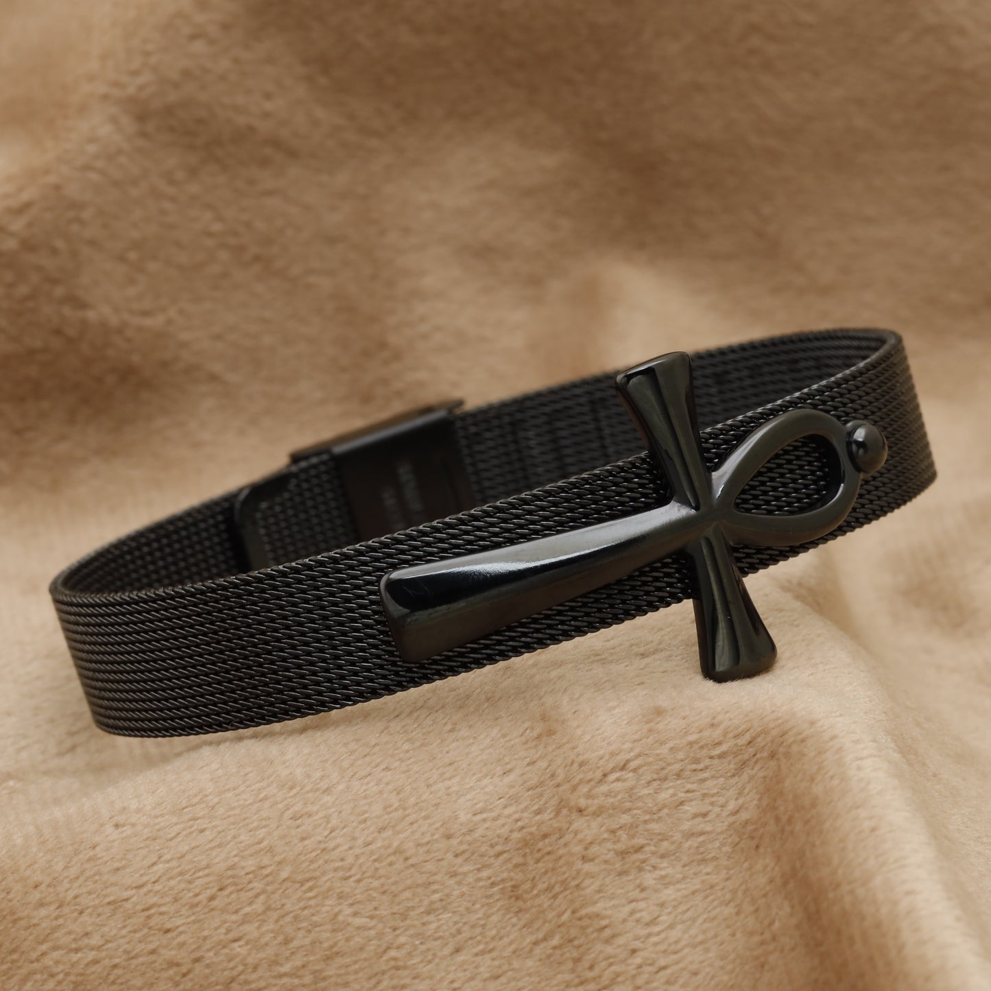 Black Ankh Cross Mesh Bracelet B24