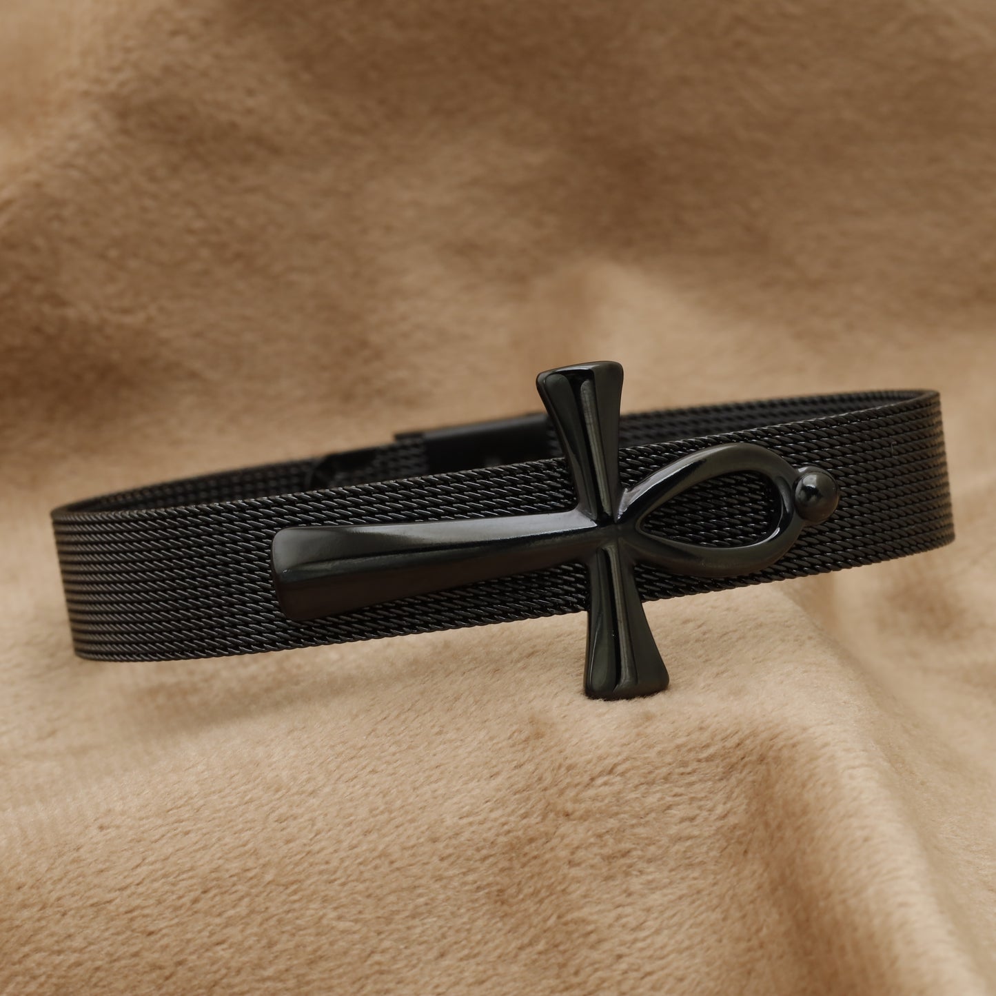 Black Ankh Cross Mesh Bracelet B24